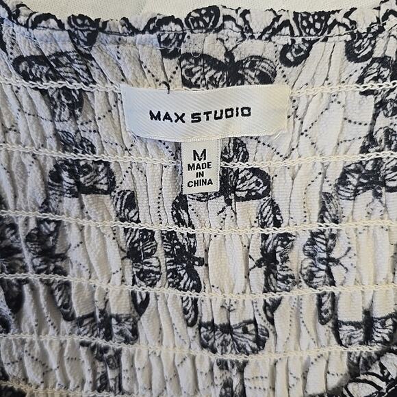 Max Studio Womens Smocked Maxi Dress M Geometric Butterfly Black Ivory Boho - Picture 4 of 12